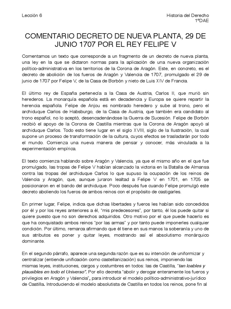 Decreto Nueva Planta Comentario Historia Gobierno Política