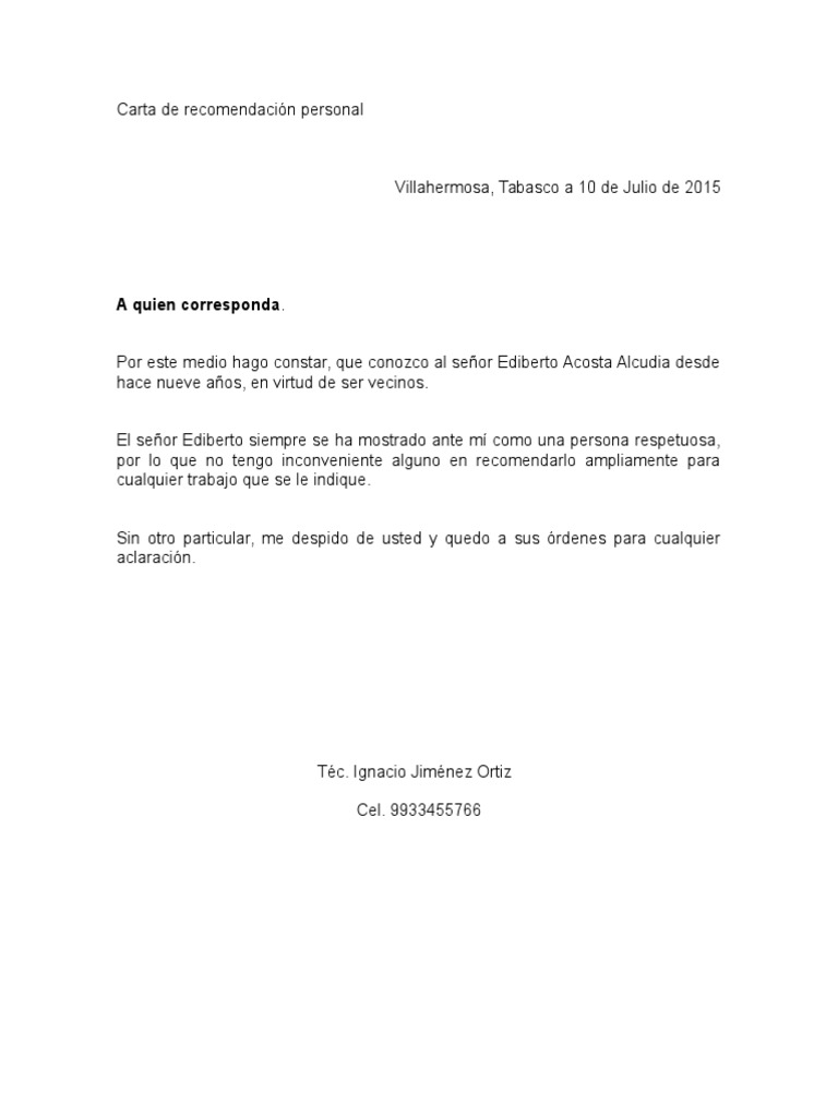 Carta de Recomendacion Personal