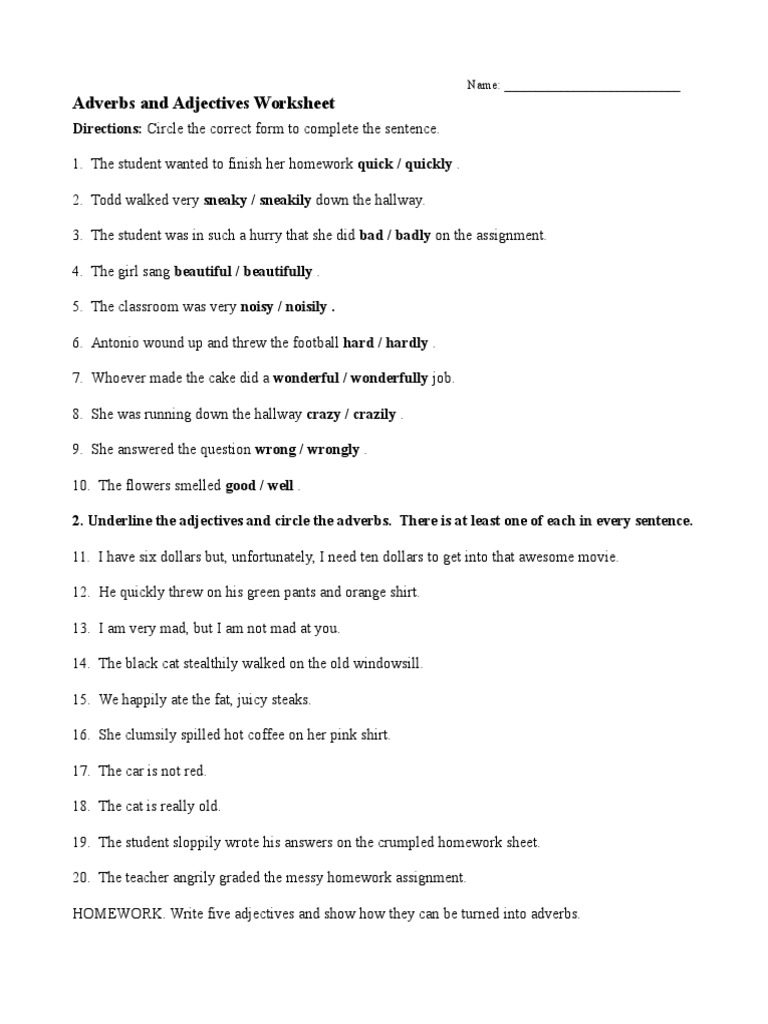 Adverbs And Adjectives Worksheet