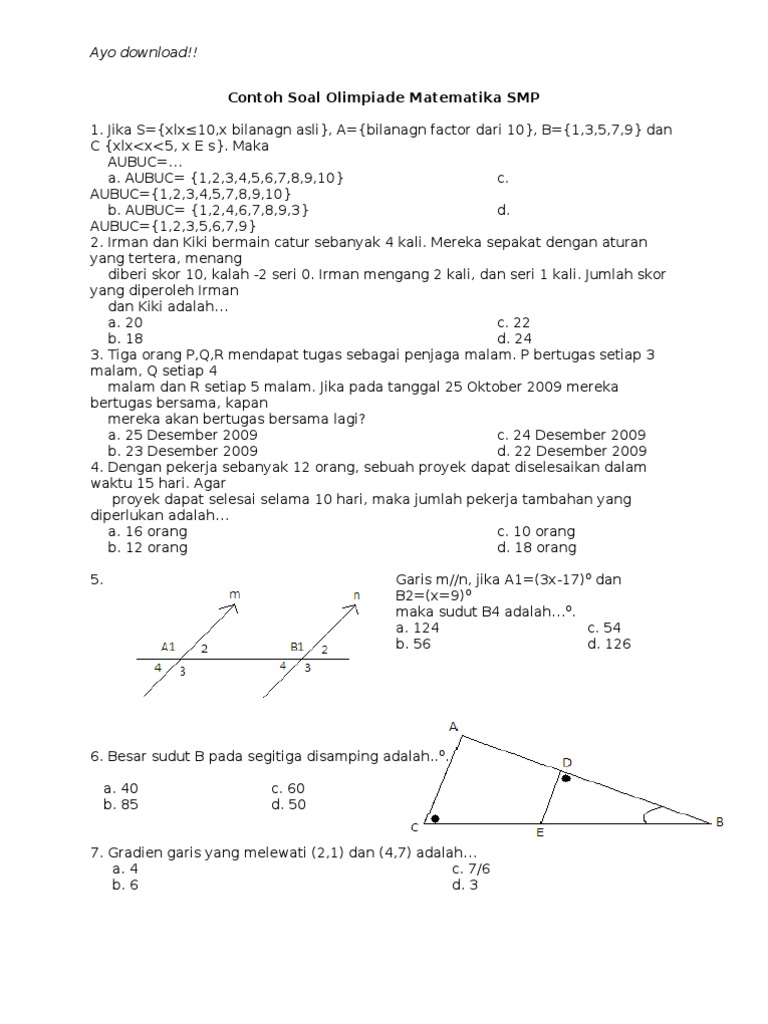 Contoh Soal Olimpiade Matematika SMP Contoh Soal Olimpiade Matematika SMP