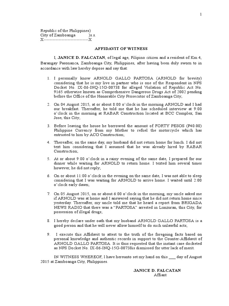 Affidavit of Witnesses Affidavit Judiciaries