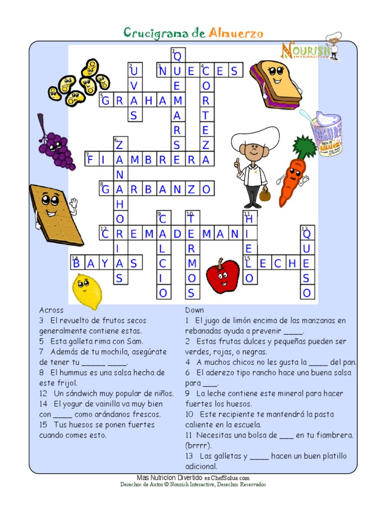 Es Spanish Crossword Puzzle Kids Healthy Words Lunch AK PDF