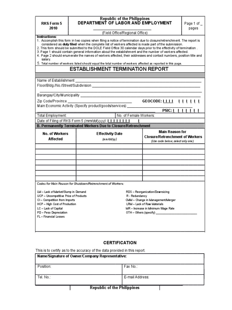 Establishment Termination Report (RKS Form 5) | PDF