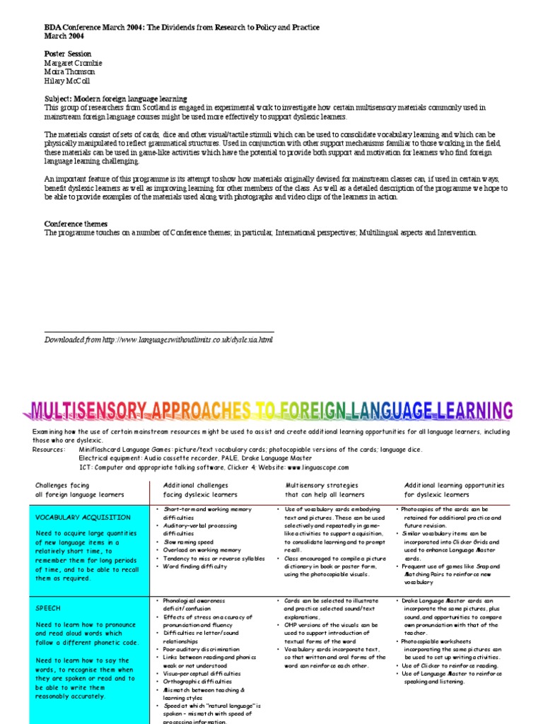 Multisensory Strategies for Dyslexic Learners | PDF | Vocabulary | Dyslexia