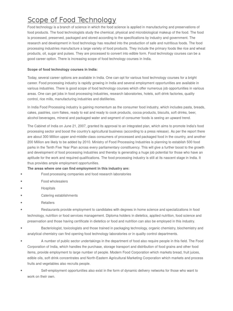 Scope of Food Technology PDF Food Processing Food Industry