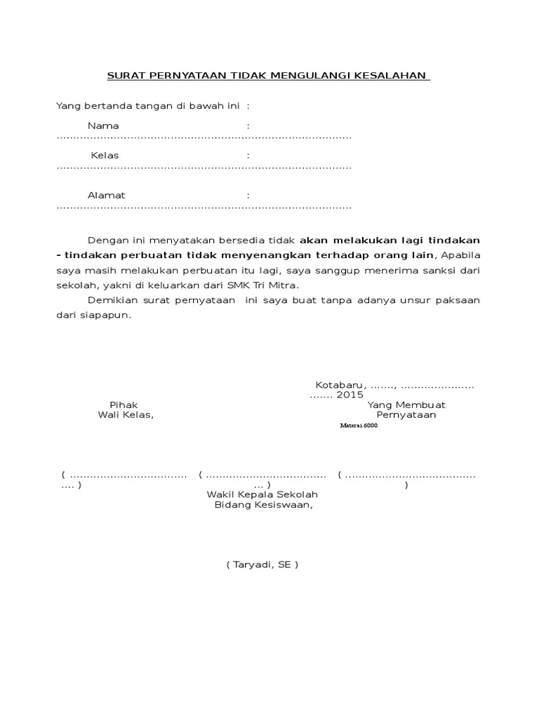 Contoh Surat Perjanjian Tidak Mengulangi Kesalahan Di Sekolah Rasanya