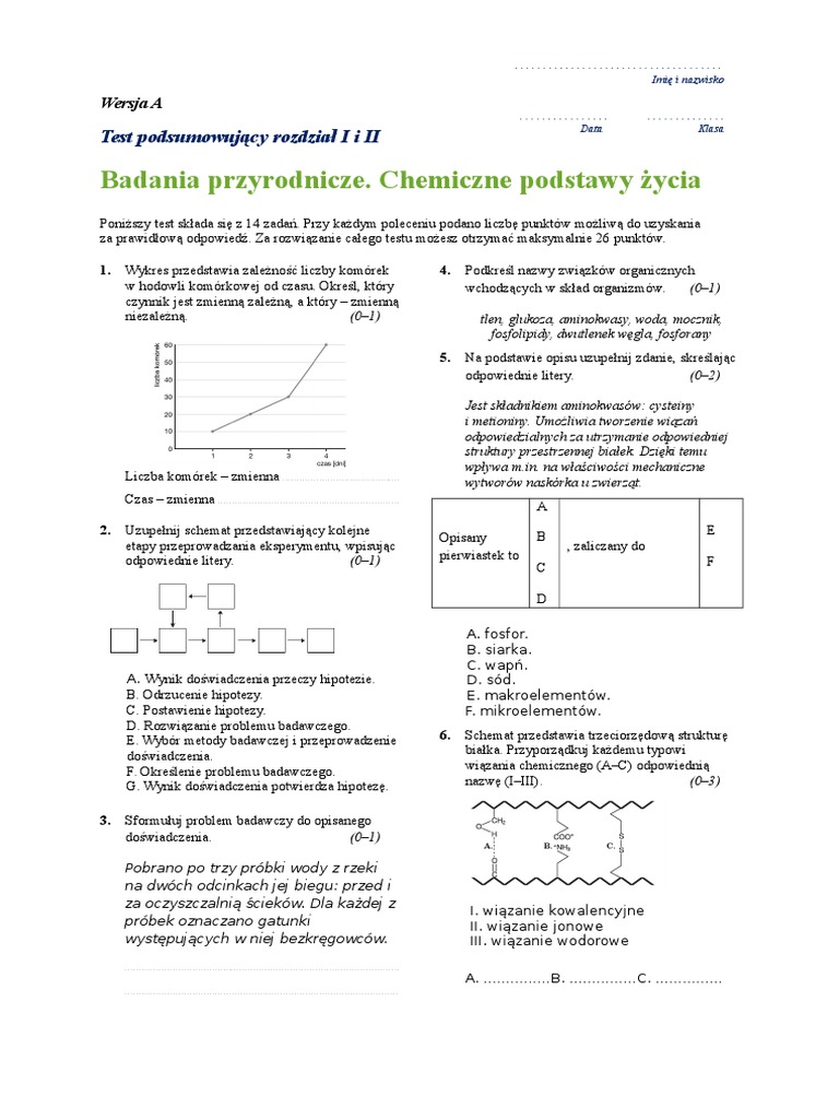 Sprawdzian Z Biologii Badania Przyrodnicze I Chemiczne Podstawy życia biol1,2