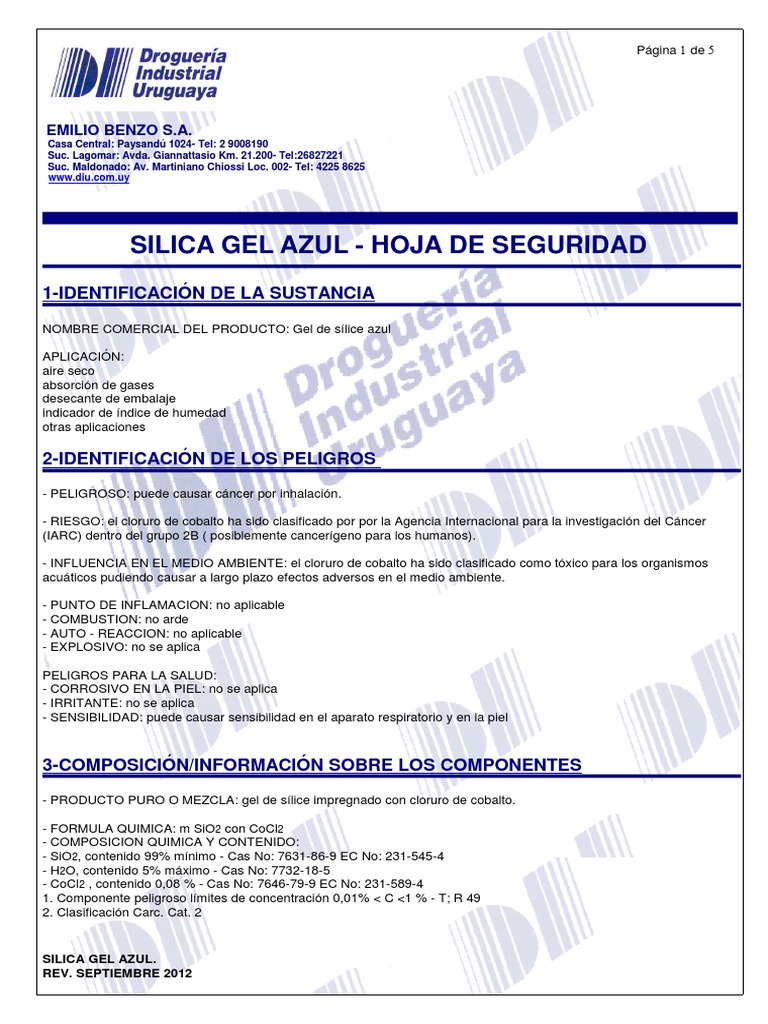 Silica Gel Azul Msds Cáncer Agua
