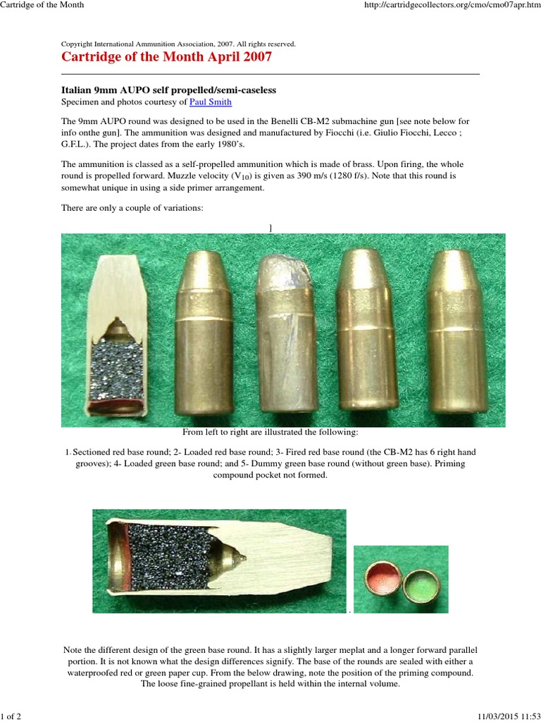 Amm 9mm AUPO Italian Self Propelled Semicaseless Cartridge (Firearms