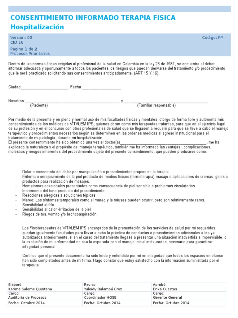 Consentimiento Informado Terapia Fisica Hospitalizacion PDF Consentimiento informado Medicina