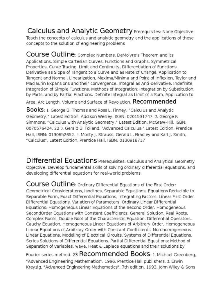 Course outlines Math Differential Calculus Calculus