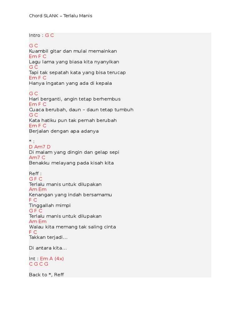 Chord Slank Terlalu Manis