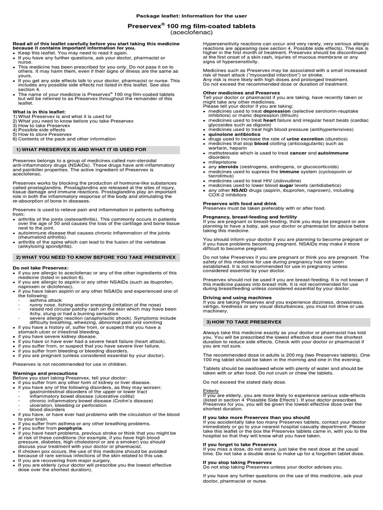 Preservex 100 MG Film-Coated Tablets: (Aceclofenac) | PDF ...