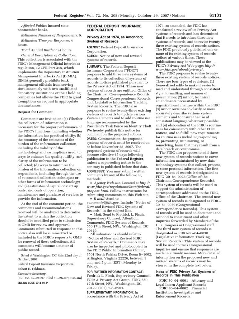 Notice Privacy Act; systems of records Federal Deposit