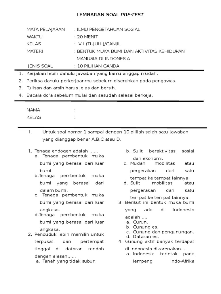 Soal Pre-Test dan Post-Test IPS Kelas VII | PDF