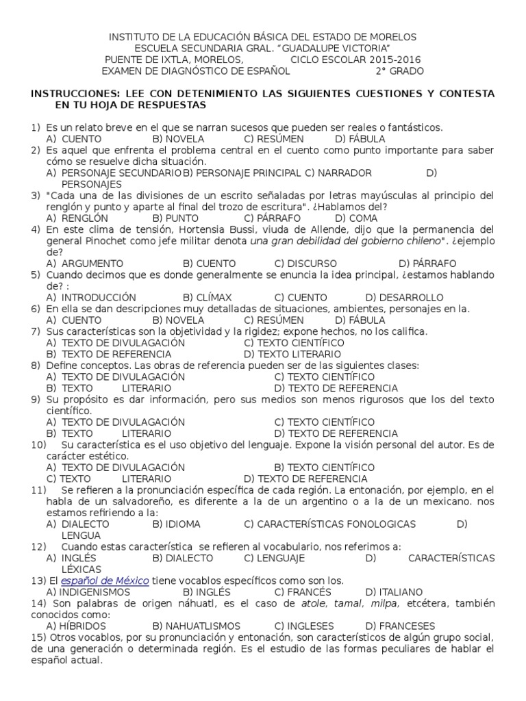Examen diagnóstico de español para estudiantes de segundo grado de ...