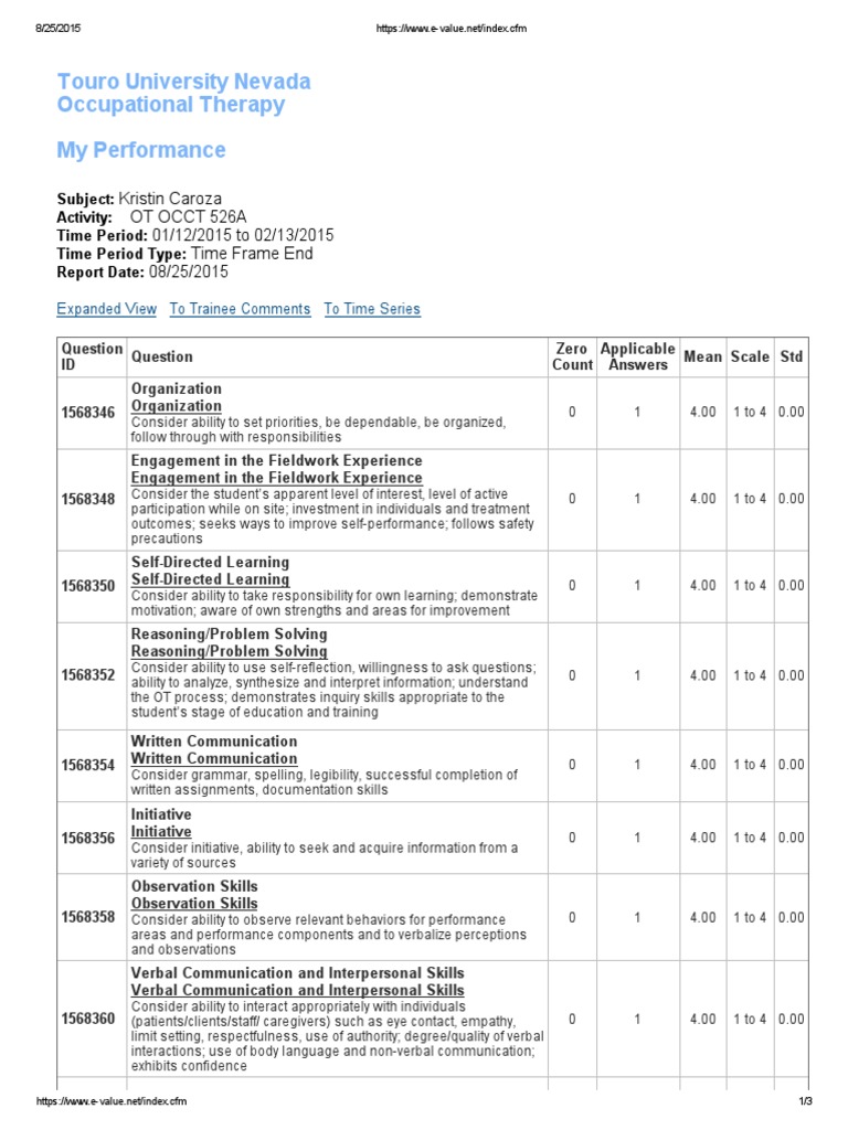OT Performance Report for Kristin Caroza | PDF | Patient | Social Skills