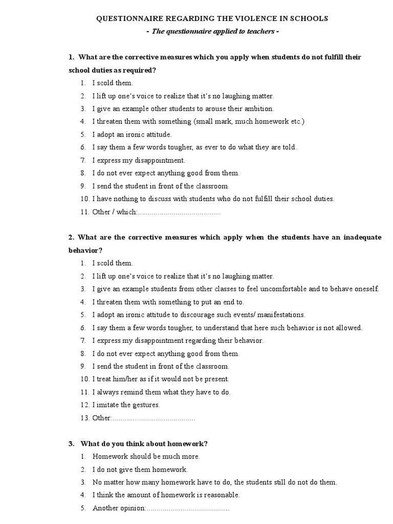 Questionnaire Regarding The Violence In Schools Final PDF Violence Cognition