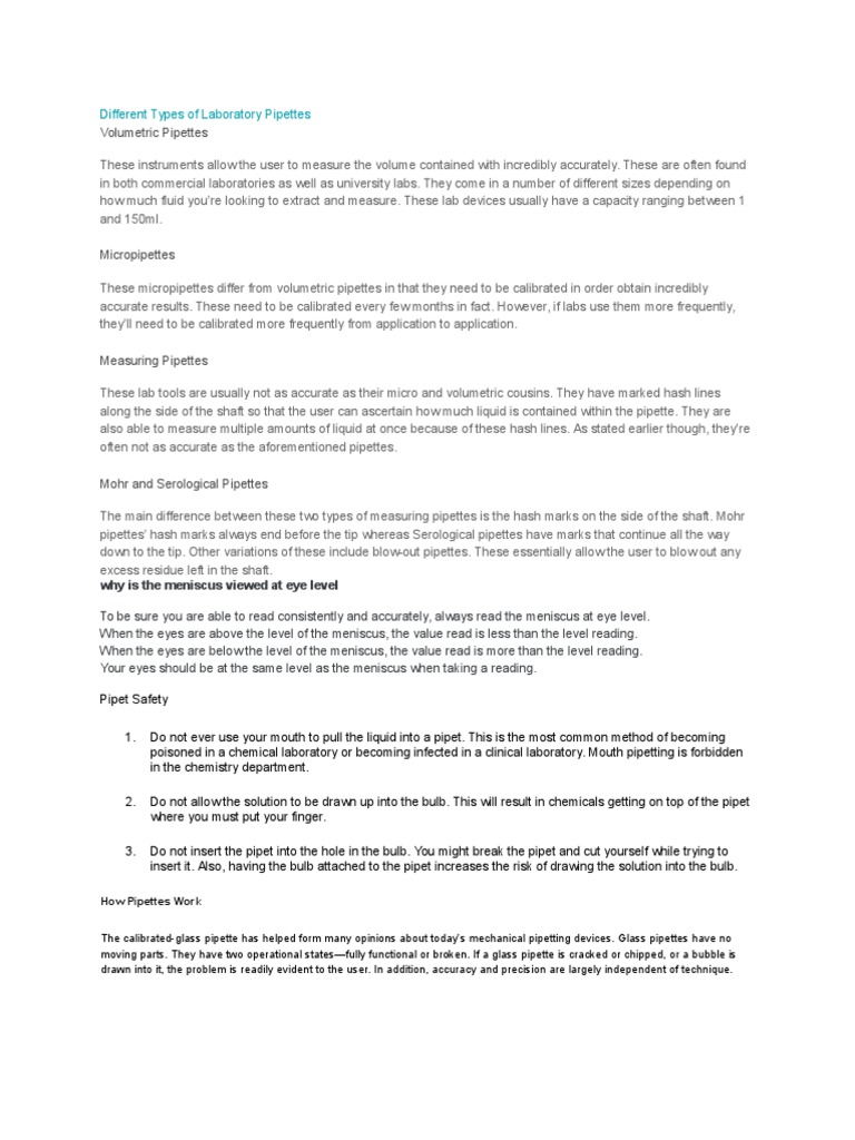 Different Types of Laboratory Pipettes PDF Laboratories Nature