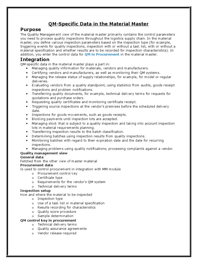 QM Data in Material Master Overview | PDF | Procurement | Quality ...