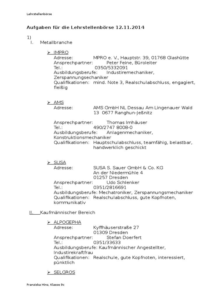 Aufgaben Fur Die Lehrstellenborse 12