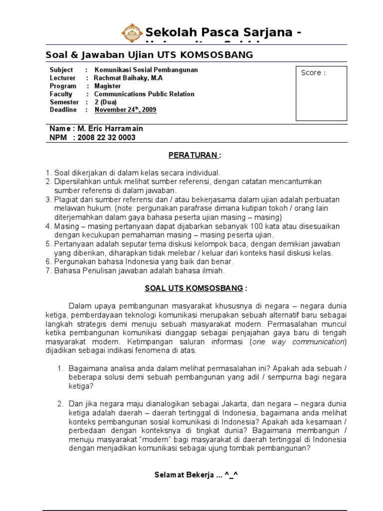 Soal Jawaban Uts Komunikasi Sosial Pembangunan