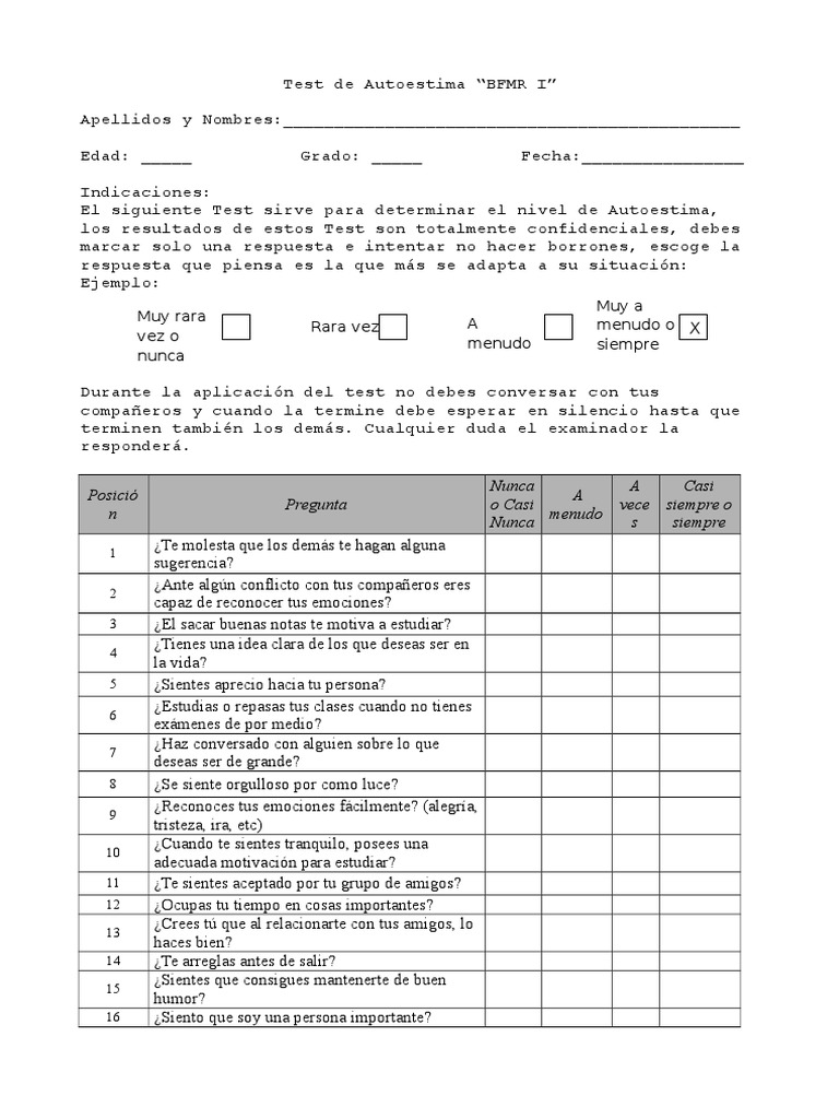 Test de Autoestima para Adolescentes PDF | PDF | Autoestima | Sicología