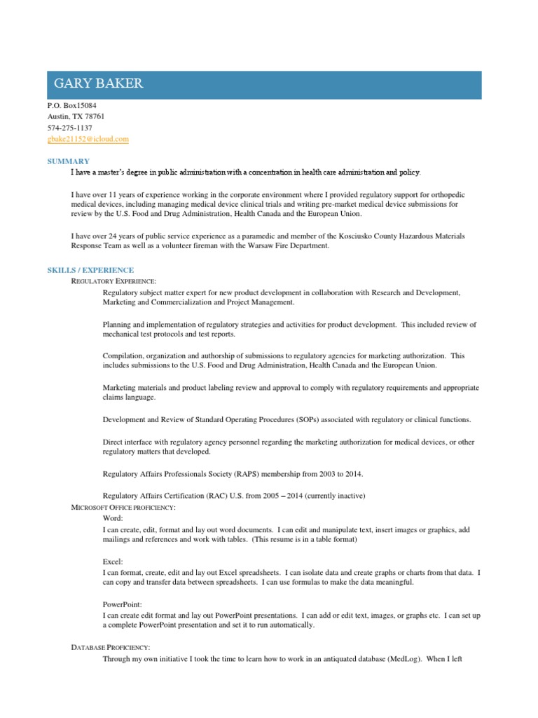 Medical Device Regulatory Affairs Specialist in Austin TX Resume Gary