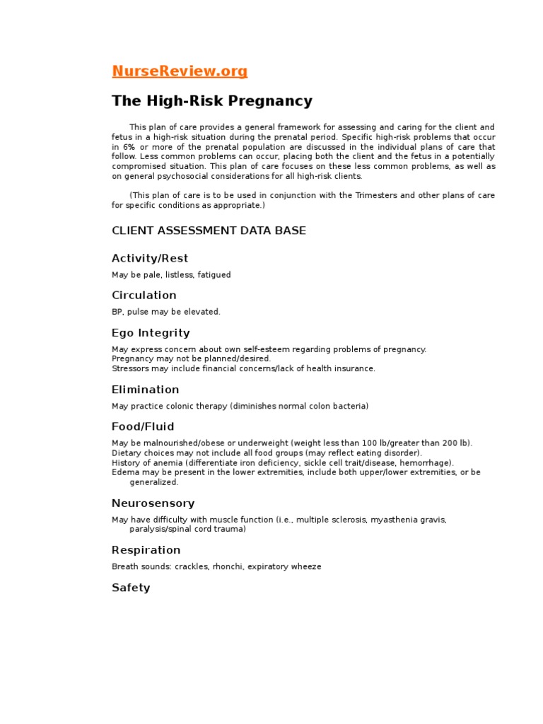 High-Risk Pregnancy Care Plan | PDF | Childbirth | Fetus