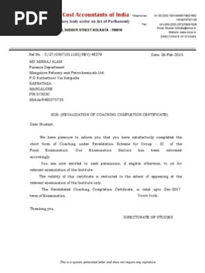 Icwai revalidation certificate
