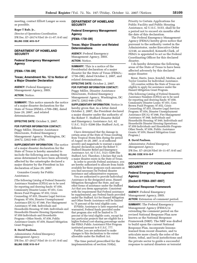 Notice: Disaster and Emergency Areas: National Reponse Framework ...