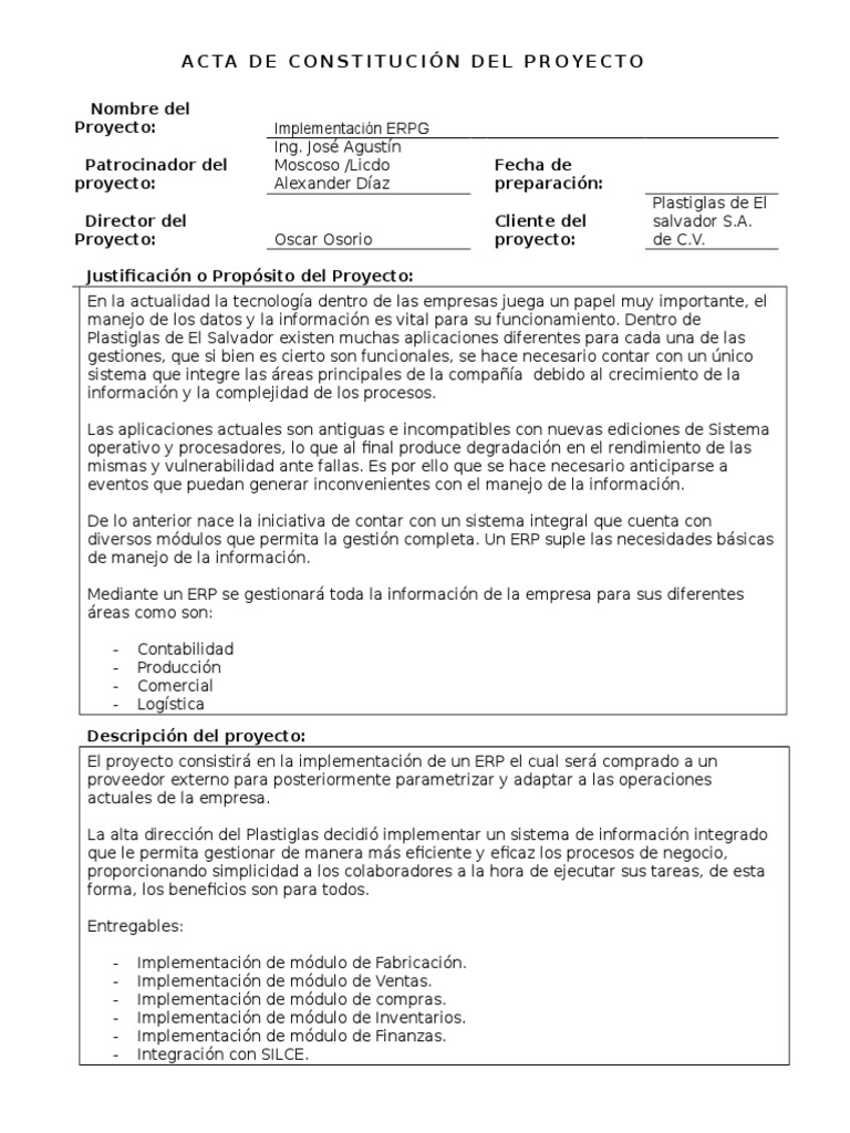 Plantilla Acta de Constitucion Del Proyecto | PDF | Planificación de ...