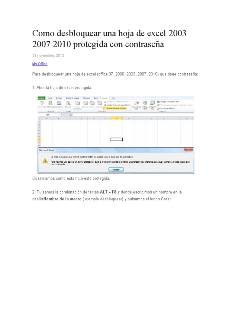 Como Desbloquear Una Hoja de Excel 2003 2007 2010 Protegida Con