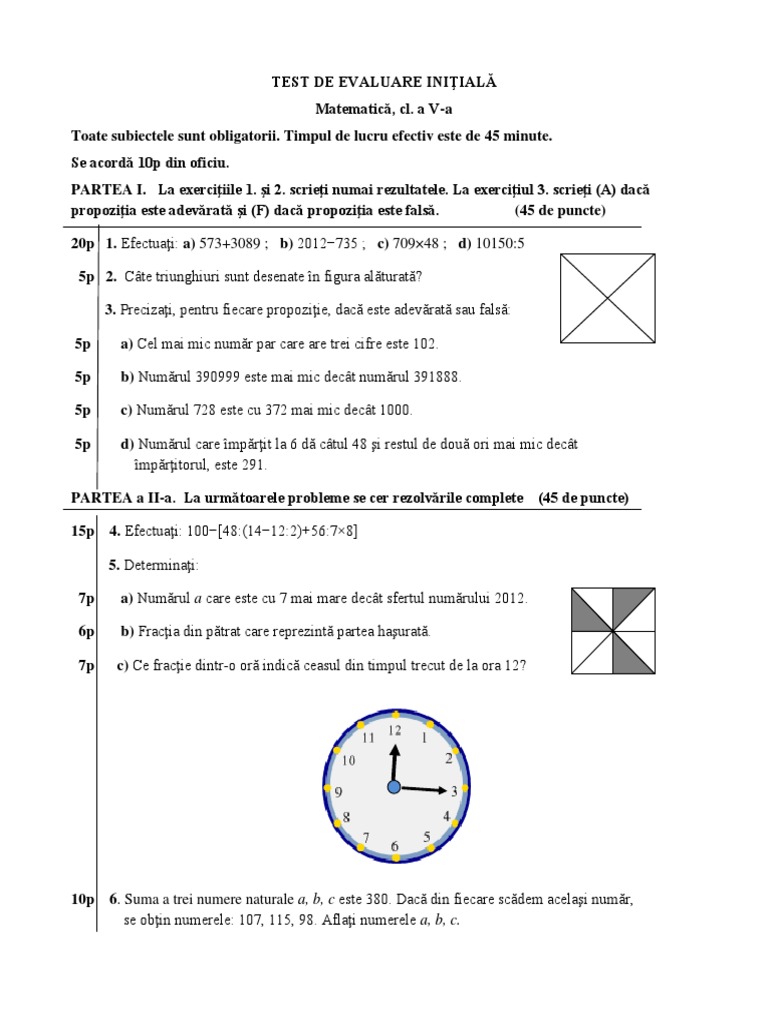 Test de Evaluare Initiala Cl. A Va PDF | PDF