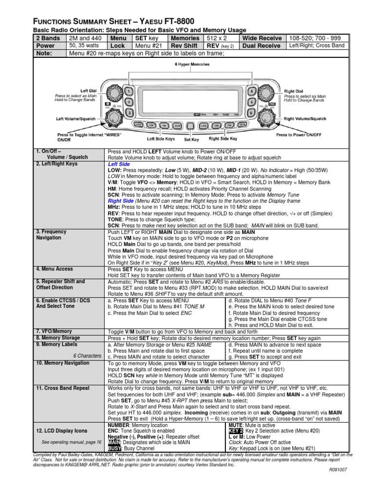 Yaesu FT8800 Summary Sheet PDF Very High Frequency Radio