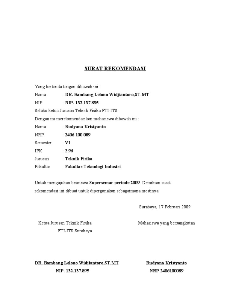 Contoh Surat Rekomendasi Beasiswa Dari Dosen Mosaicone  Images and