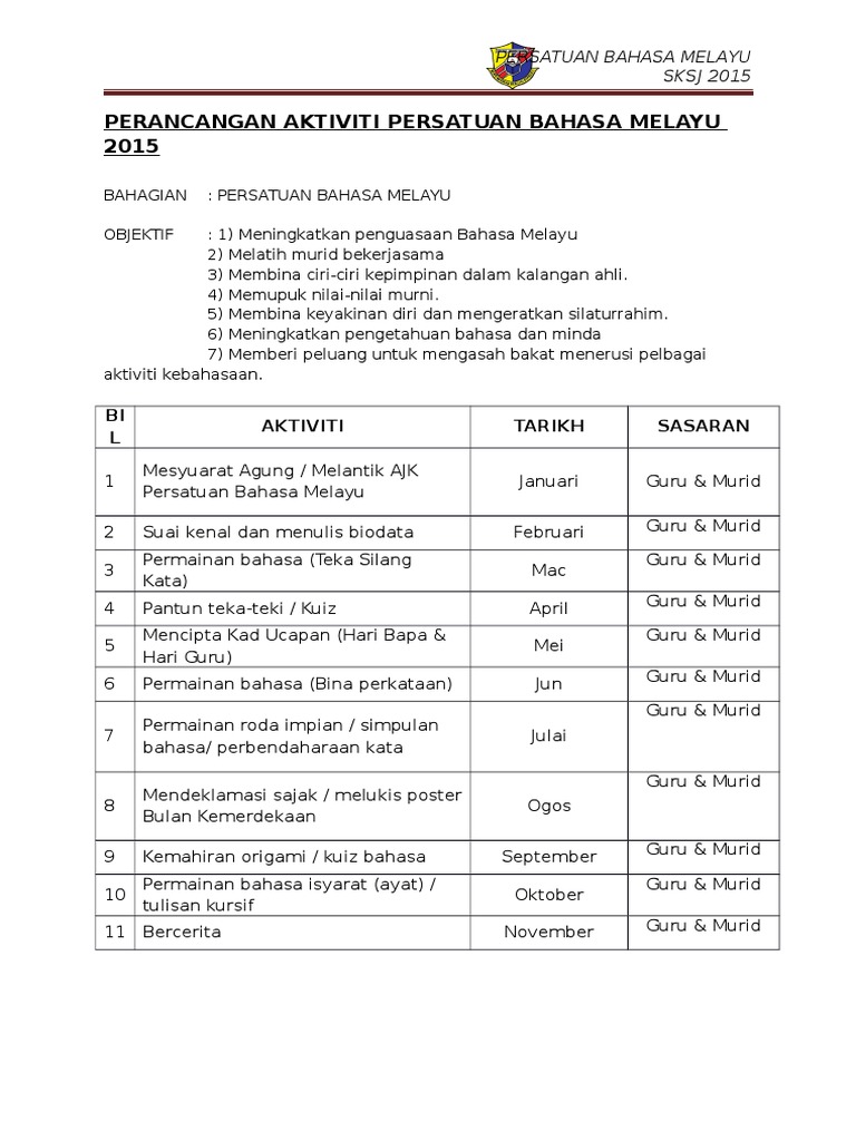 Perancangan Aktiviti Persatuan Bahasa Melayu 2015 Pdf
