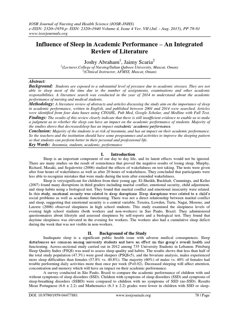 Influence of Sleep in Academic Performance - An Integrated Review of ...