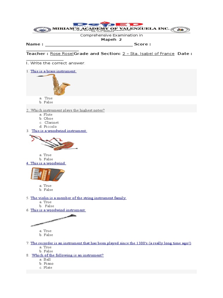 MAPEH 2 Instrument Worksheet | PDF | Musical Instruments | Woodwind ...