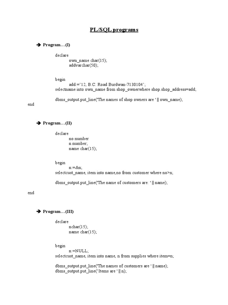 PL/SQL Program Examples and Outputs | PDF | Business