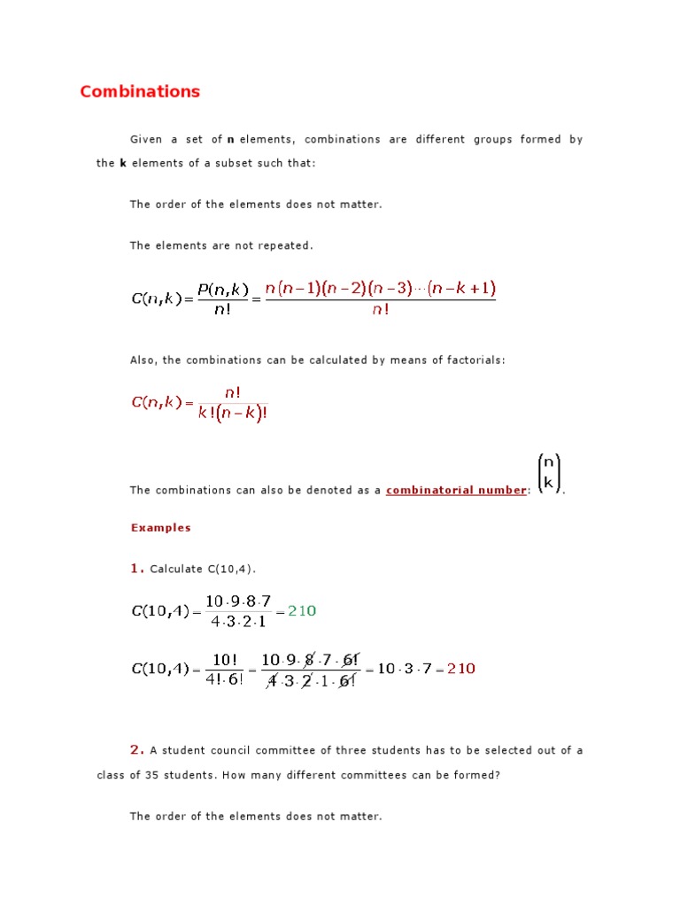 Combinations: Combinatorial Number | PDF | Career & Growth | Finance ...