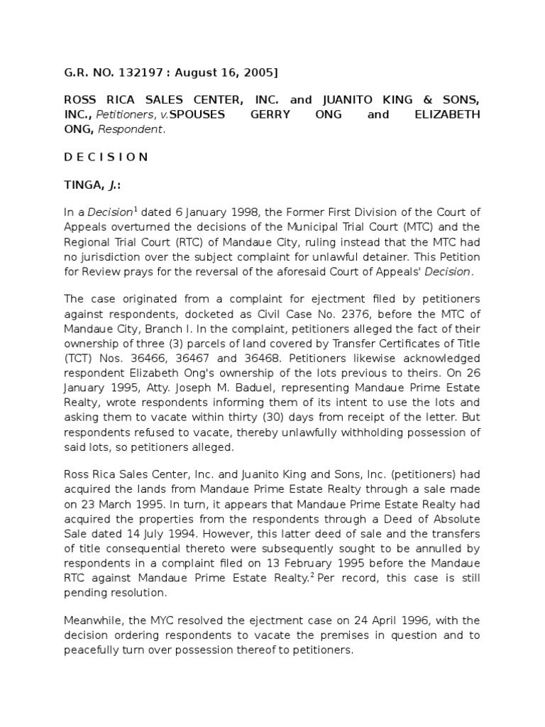 Ejectment Case Review: Ong v. Ross Rica | PDF | Judgment (Law) | Complaint