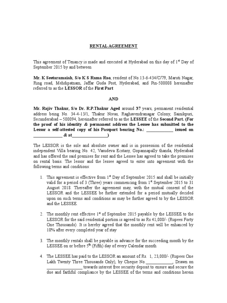 Draft Rental Agreement.doc Lease Renting