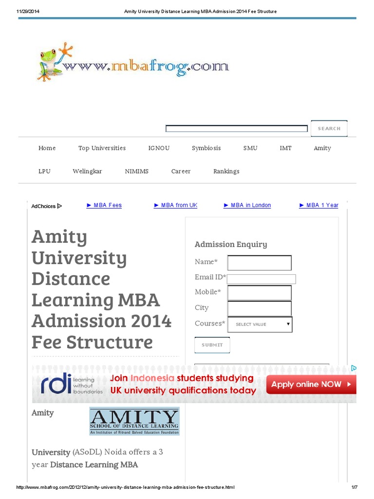 Amity University Distance Learning MBA Admission 2014 Fee Structure