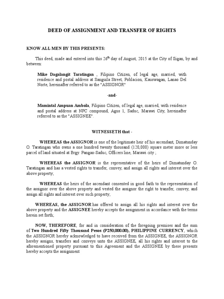 deed of assignment of loan plc