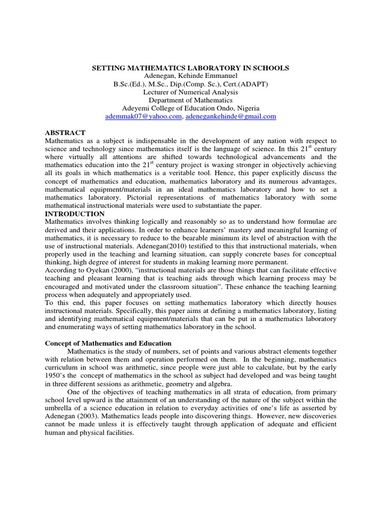 Setting Up a Mathematics Laboratory | PDF | Teaching Mathematics | Teachers