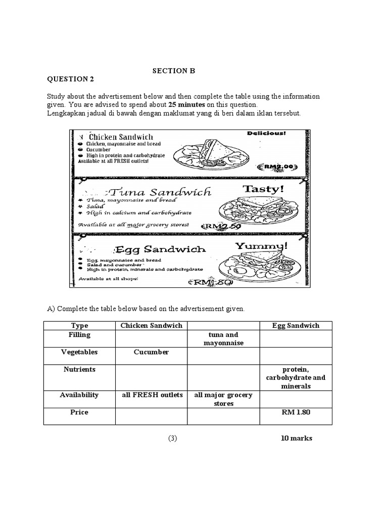 Soalan ENGLISH BI Bahasa Inggeris Tahun 4 Paper 2  Food 