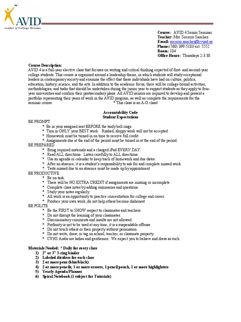 AVID 4 Senior Seminar Course Overview | PDF | Homework | Cognition