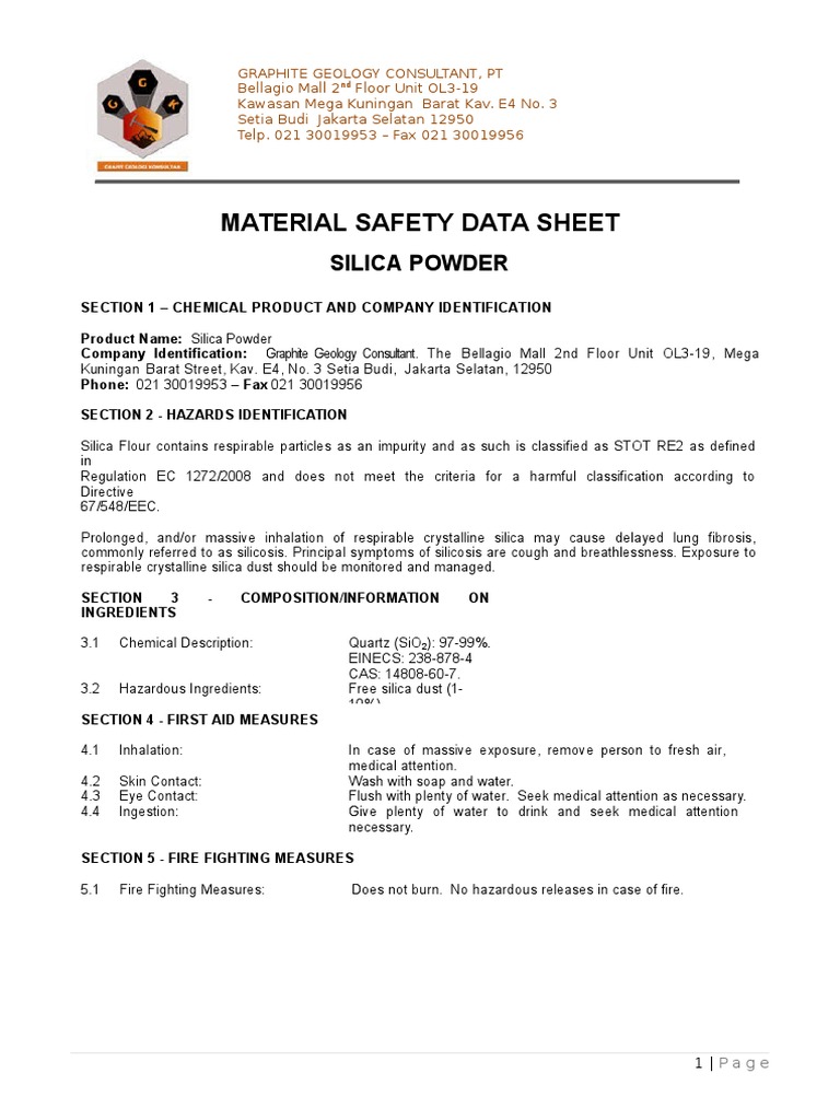 MSDS Silica Powder PDF Silicon Dioxide Dust