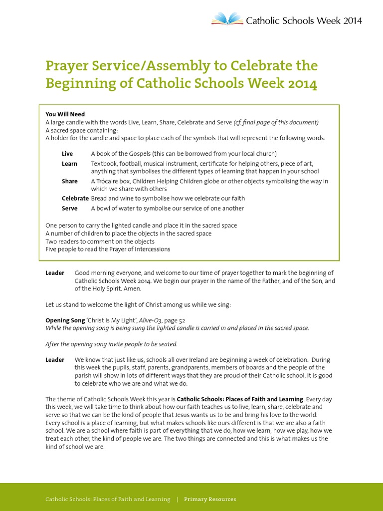 OpeningPrayerService Catholic Schools Week 2014 Prayer Eucharist